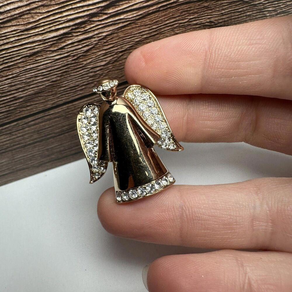 Monet Rhinestone Angel Holiday Christmas Brooch Pin Gold Tone Signed